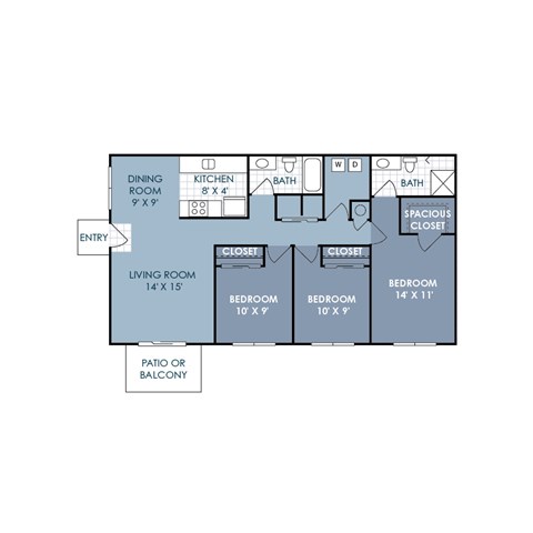 Floor plan for 3 beds, 2 baths, 1125 sqft